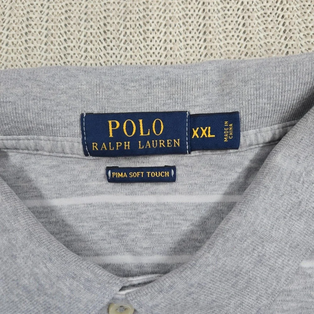 Polo Ralph Lauren Polo Shirt Mens 2XL Gray White Stripe Pima Cotton Flesh Pony